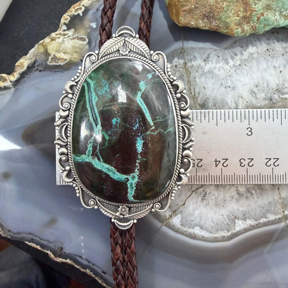 Sterling Southwestern Style Oval Large Chrysocolla Bolo Tie For Men - Picture 9 of 10